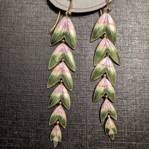 Dangle Leaf Earrings Pink Enamel Sterling Silver Vermeil Gold Plate Estate Vtg